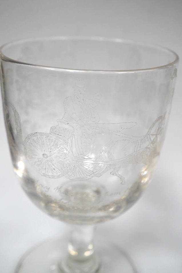 A diamond point engraved commemorative goblet, with the design of the Royal coat of arms, Prince of Wales feathers, horses, riders and a poem, inscribed ‘D.Coghill 1881’, together with a wheel engraved graved rummer, ins